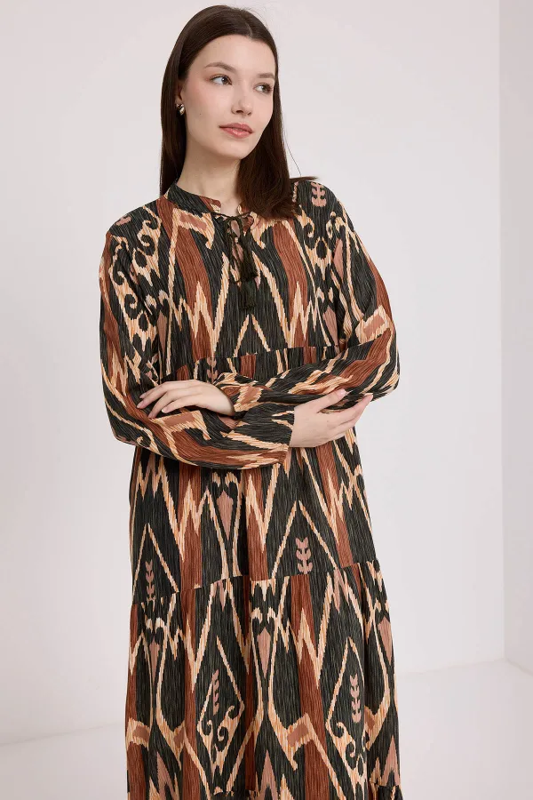 1627 Collar-Tie Hijab Dress - H. Khaki