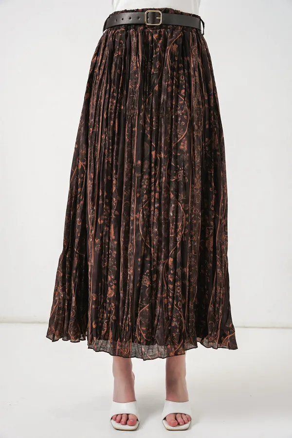 Kadın Kemerli Desenli Etek 8074 - Kahverengi