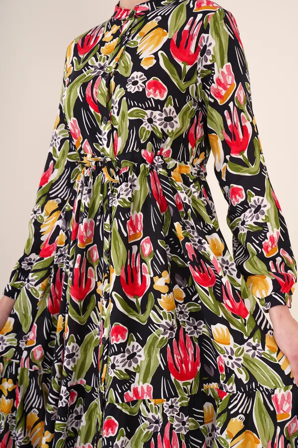 2144 Hakim Yaka Tesettür Elbise - Siyah