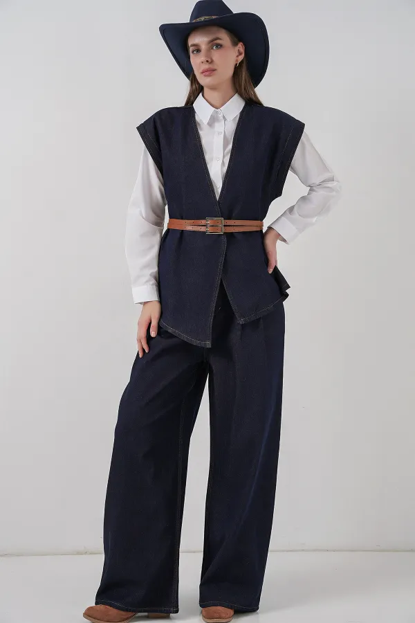 Kadın Yelek Pantolon Kot İkili Takım 30062 - Koyu Mavi