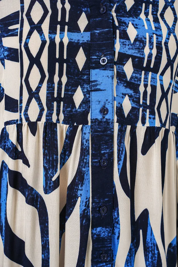 Kadın Desenli Uzun Tesettür Elbise 2585 - T. Lacivert