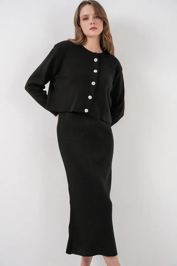 Women's Cardigan Dress Knitwear Two Piece Set 15960 - Black