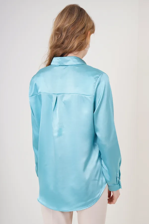 3964 Hafif Dökümlü Saten Gömlek - Mint
