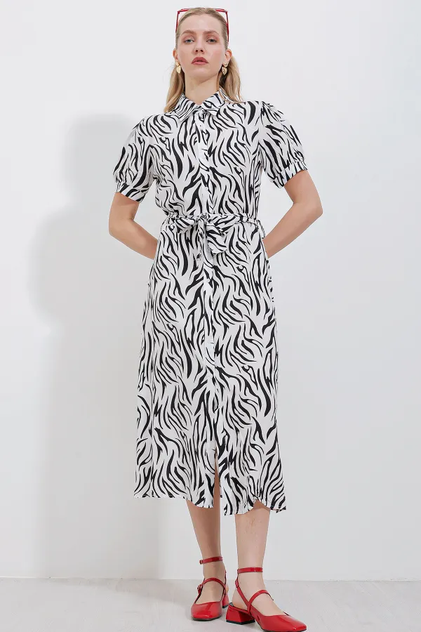 2213 Kısa Kol Viskon Elbise - Siyah