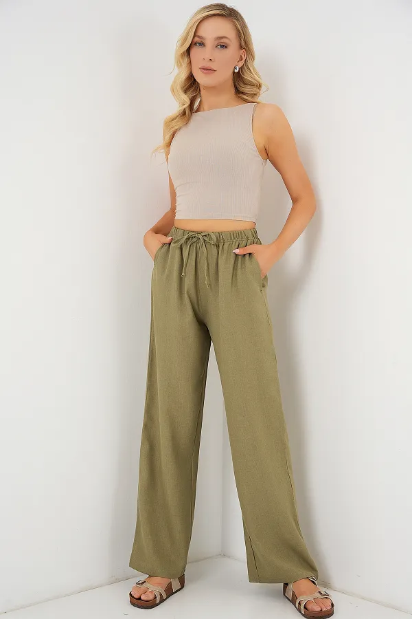 Kadın Geniş Paça Keten Pantolon 6735 - Çağla