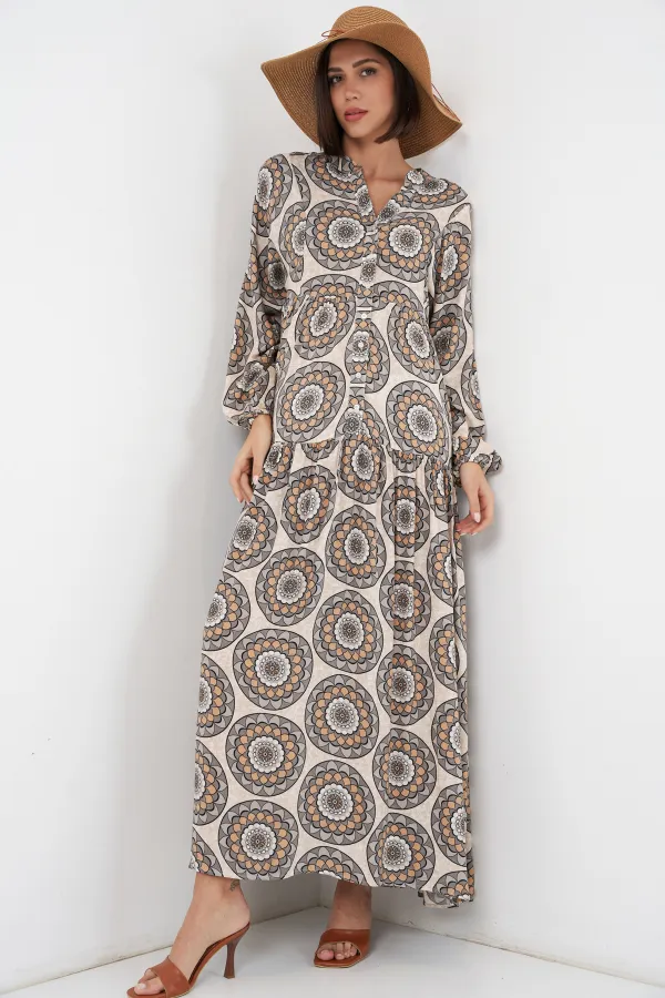 Robe longue hijab à motifs pour femme 2585 - Beige clair