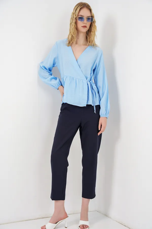 Kadın Yandan Bağlamalı Uzun Kollu Bluz 996 - Mavi