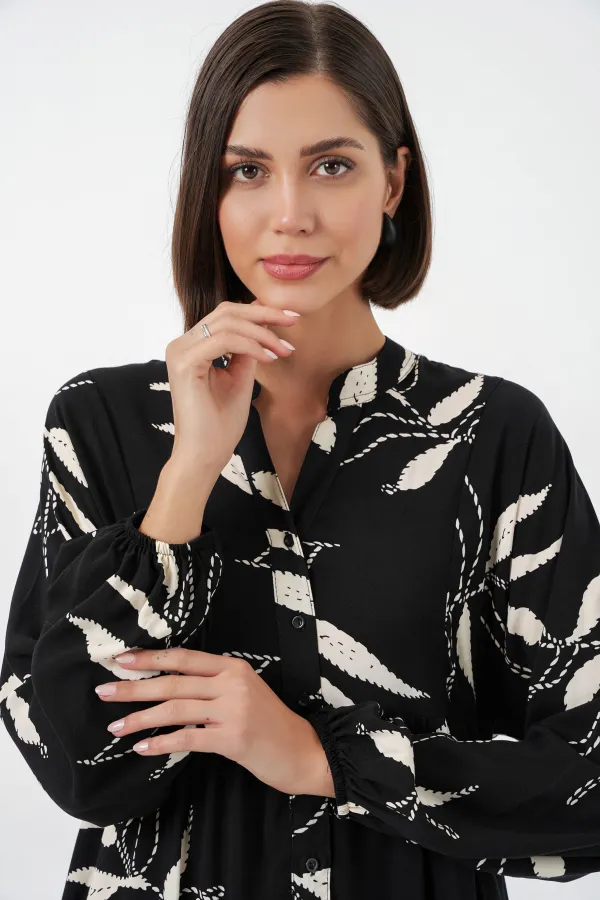 Kadın Desenli Uzun Tesettür Elbise 2585 - Y.Siyah