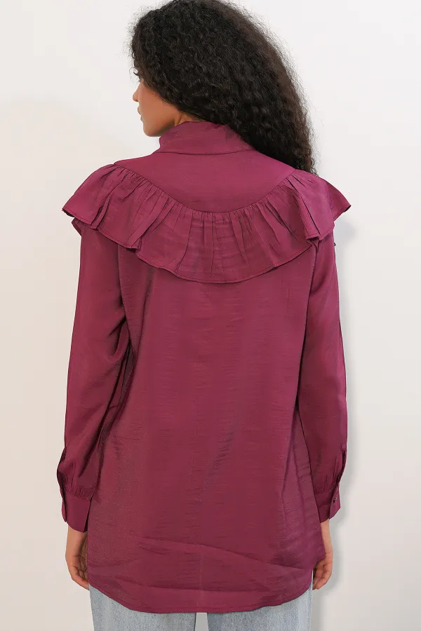 Women's Ruffle Detail Shirt Tunic 5994 - Burgundy