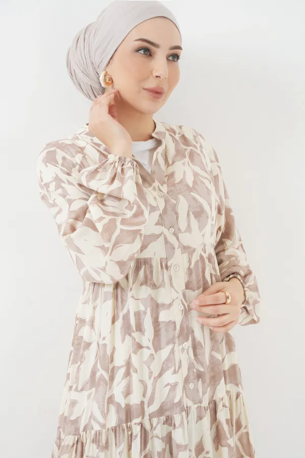2423 Otantik Desenli Tesettür Elbise - Z.Bej