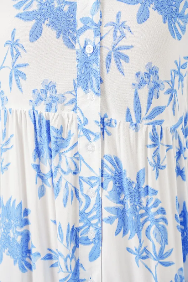 Kadın Desenli Uzun Tesettür Elbise 2585 - Buz Mavi