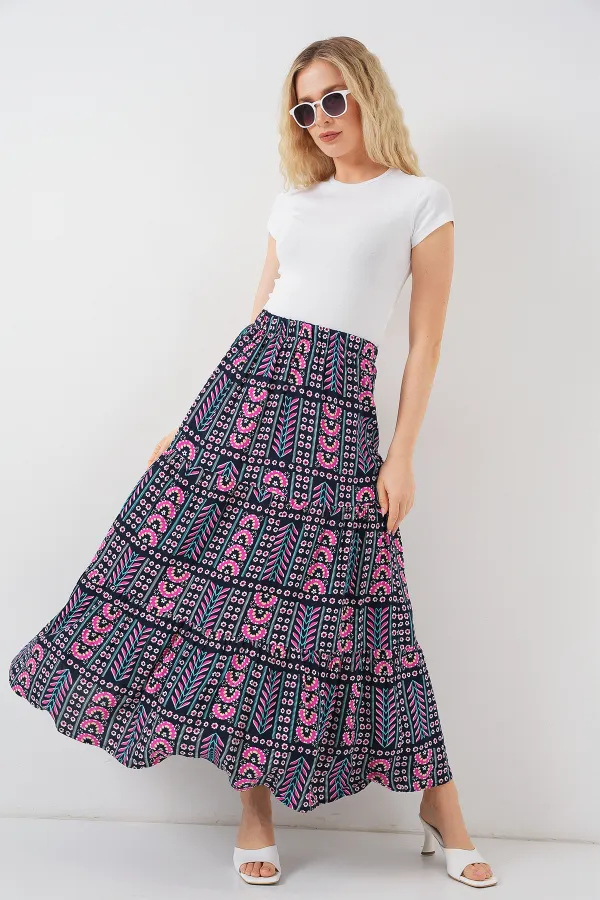 Women's Patterned Long Skirt 8053 - Navy Blue