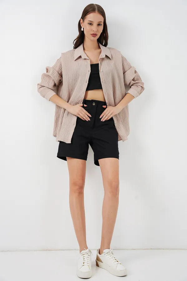 Kadın Uzun Oversize Gömlek 20320 - Bej