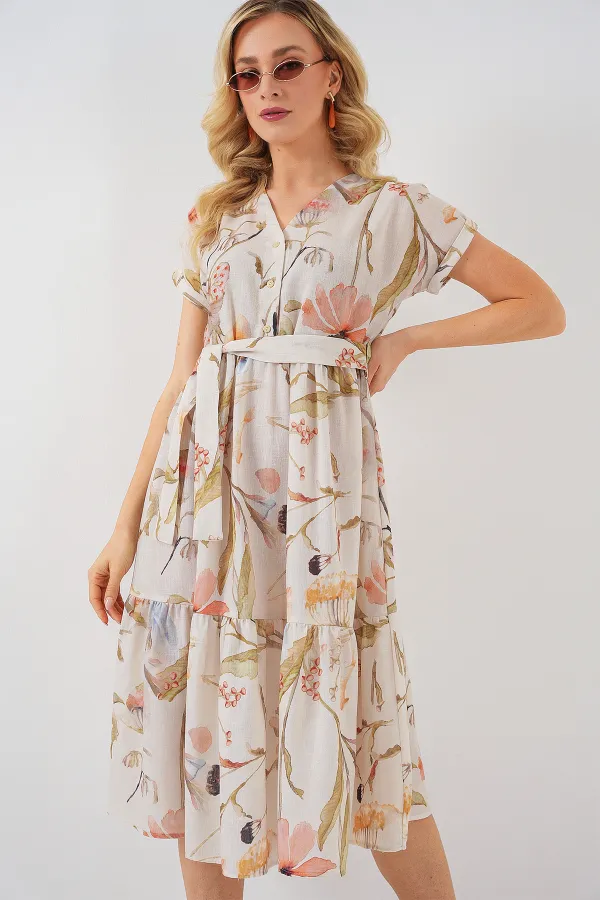 Kadın Desenli Kısa Kol Elbise 2558 - Krem