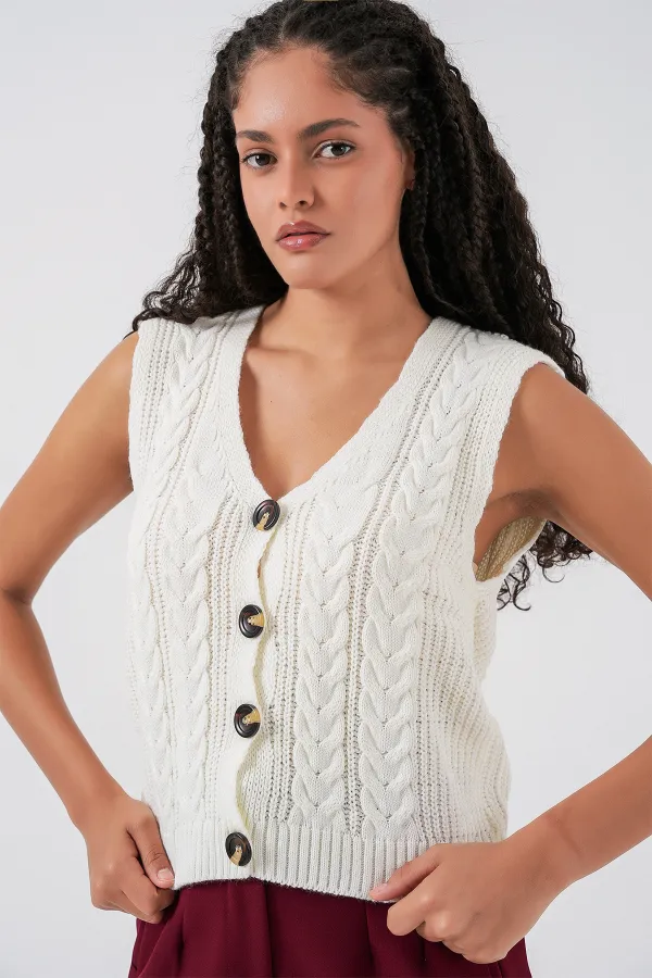 15882 Buttoned Short Knit Vest - White