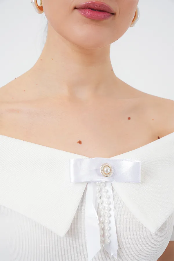 Kurdele Detaylı Örme Bluz 949 - Beyaz