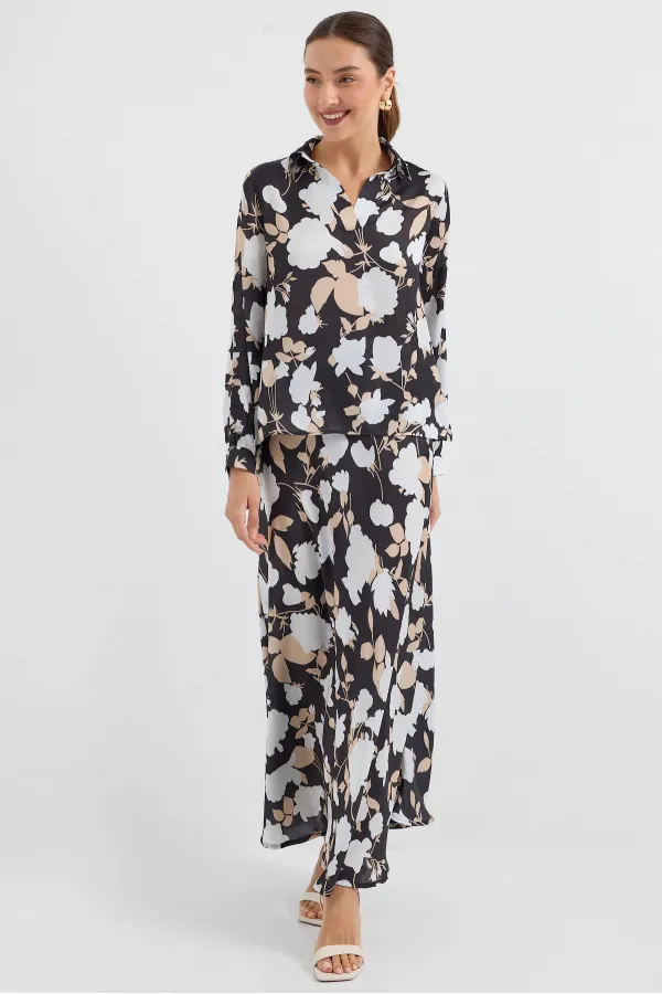 Ensemble deux pièces en satin à motifs 8018 - Noir