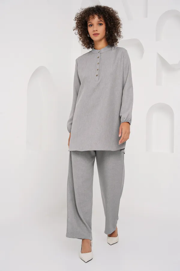 6678 Linen Tunic Trousers Two Piece Suit - Gray