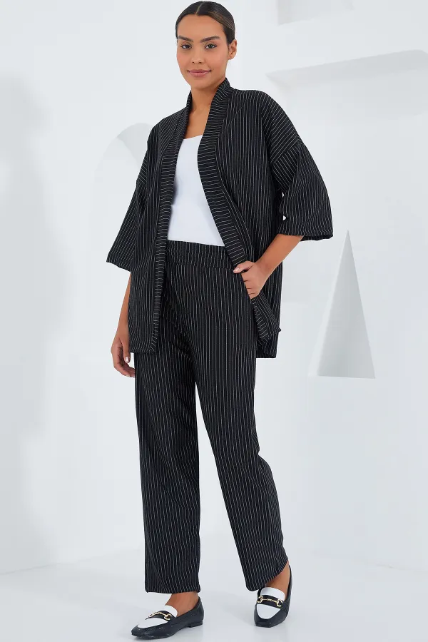 6661 Kadın Çizgili Kimono İkili Takım - Siyah