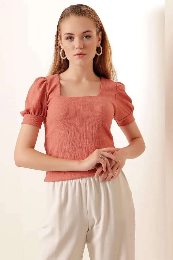 0409 Square Neck Knitted Blouse - Dusty Rose