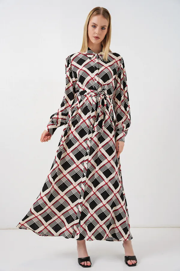 Kadın Boydan Düğmeli Uzun Tesettür Elbise 2588 - Siyah - Bej