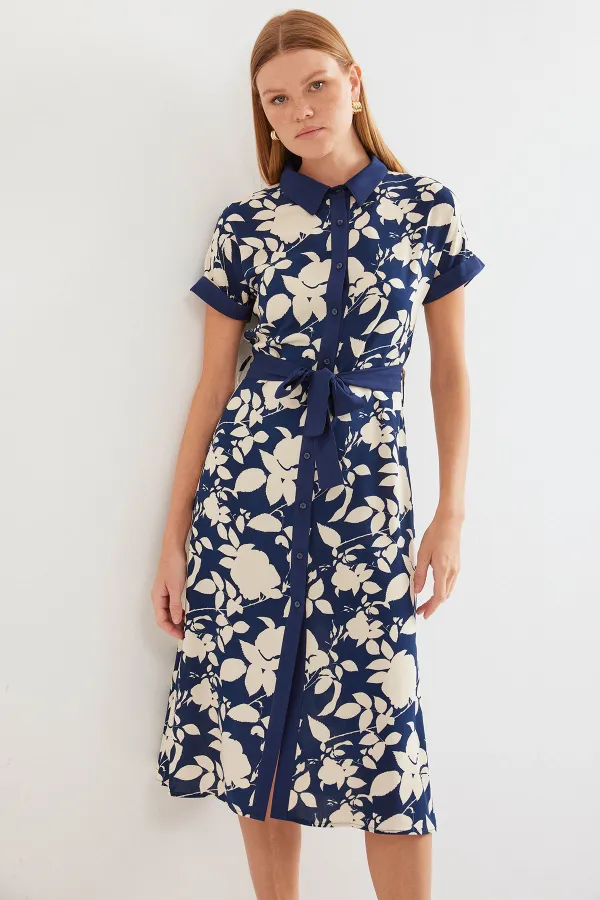 2455 Patterned Shirt Dress - Navy Blue