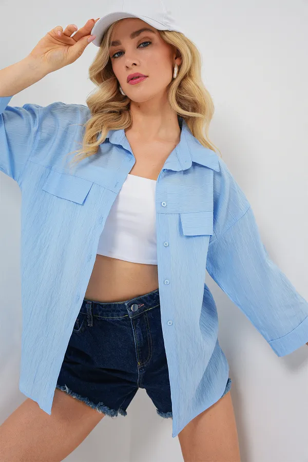 Women's Pocket Detailed Short Sleeve Shirt 20317 - Blue