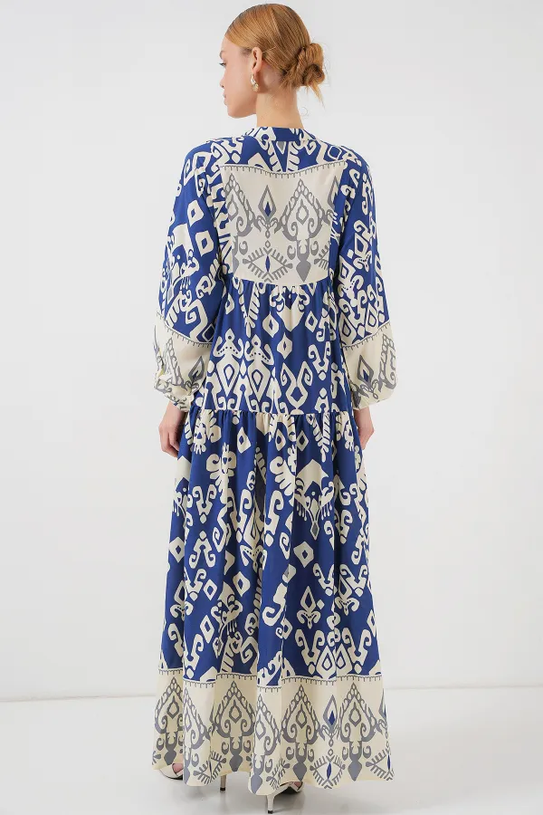2423 Otantik Desenli Tesettür Elbise - İndigo 1
