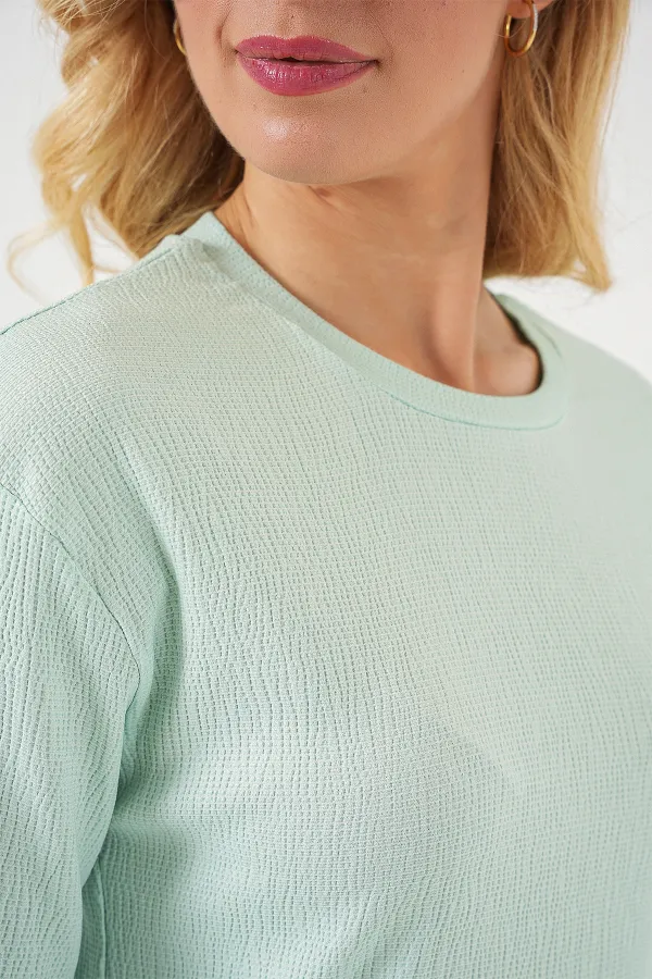 4332 Yanı Yırtmaçlı Örme Tişört - Mint