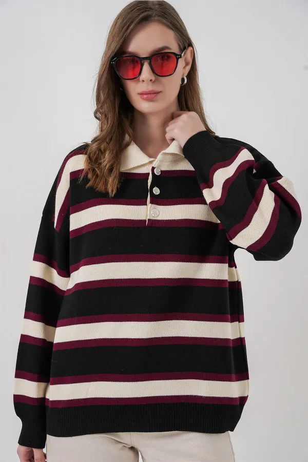 Women's Striped Polo Neck Knitwear Sweater 15952 - Black