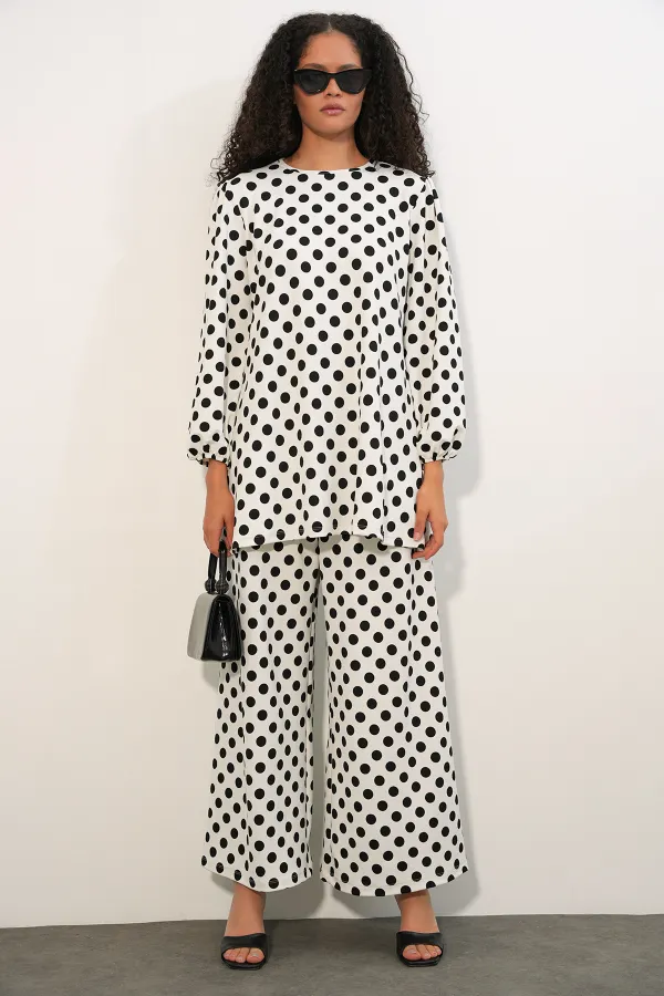 Women's Tunic and Pants Polka Dot Top and Bottom Set 6663 - B. White Women's Tunic and Pants Polka Dot Top and Bottom Set 6663 - B. White