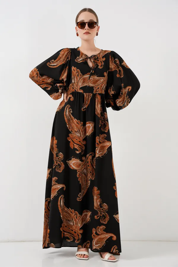 Robe longue hijab à manches ballon pour femme 2464 - Beige clair