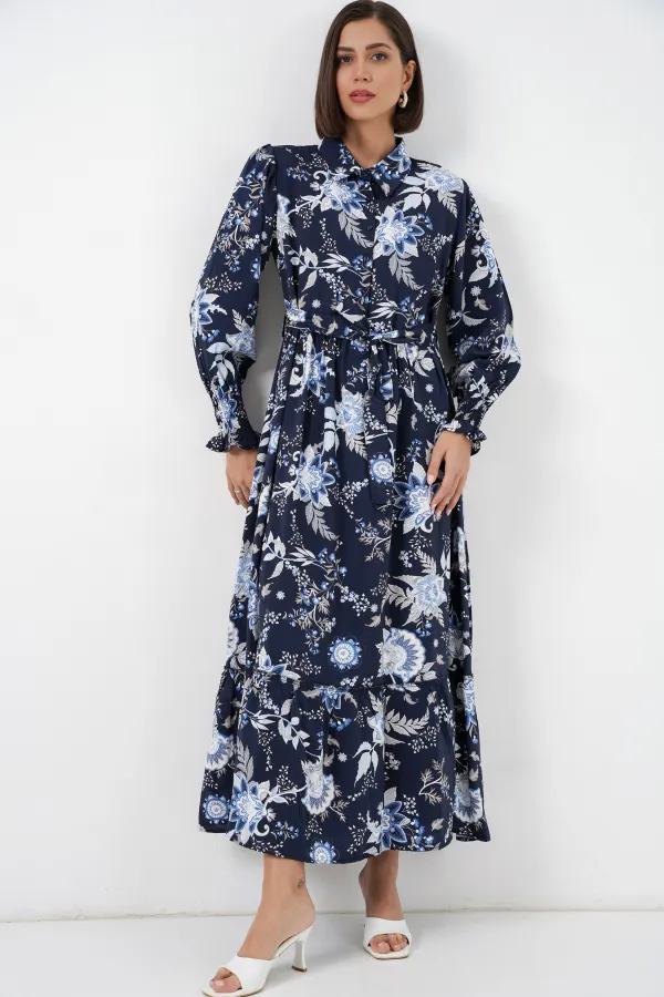 Robe hijab ceinturée pour femme 2589 - Bleu marine