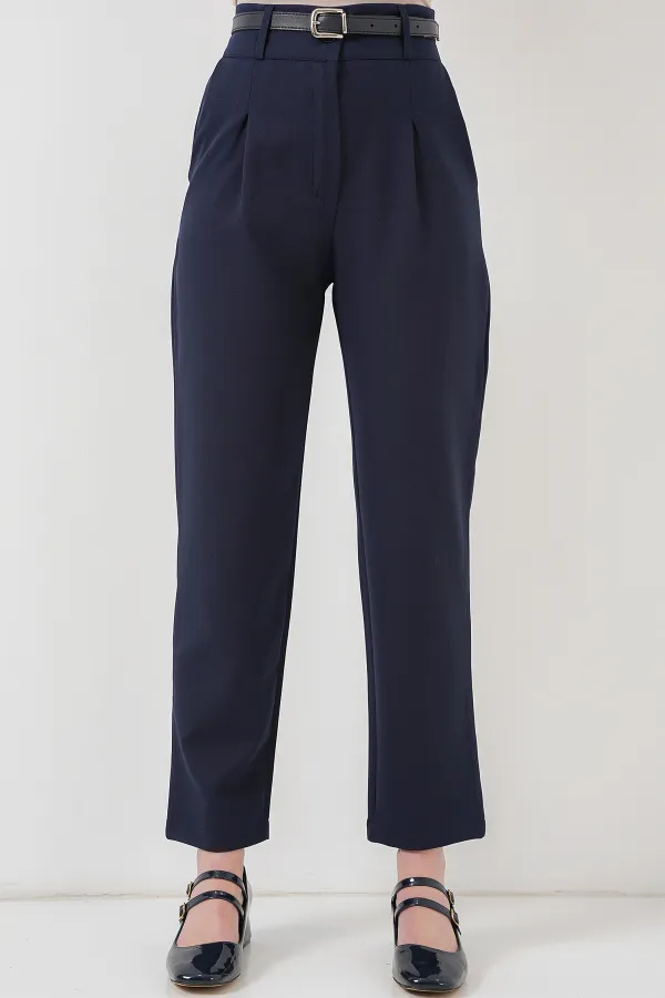Women's Pleated Belted Fabric Trousers 6725 - Navy Blue