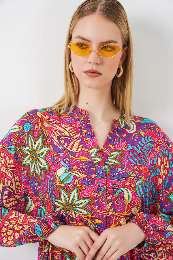 Kadın Desenli Uzun Tesettür Elbise 2585 - Çok Renkli