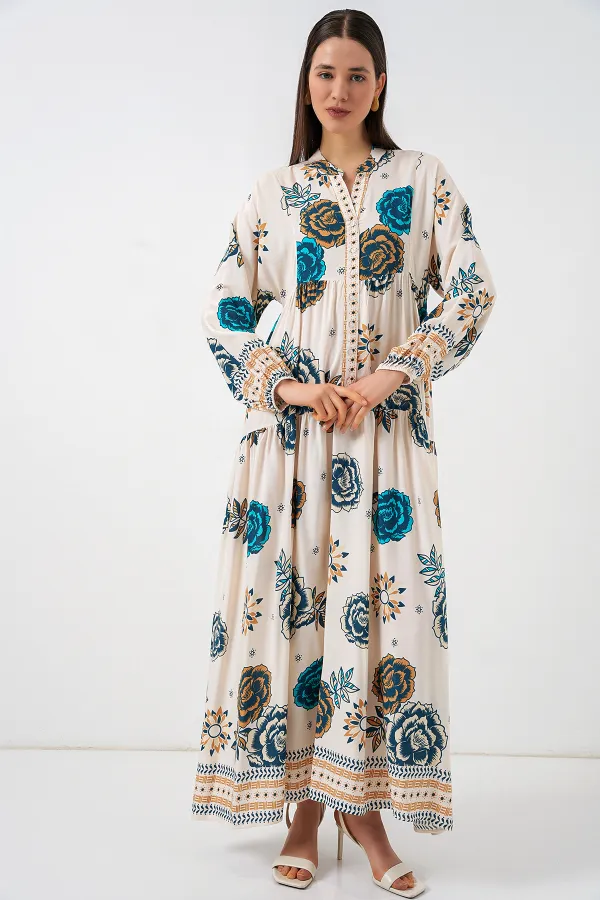 Kadın Desenli Uzun Tesettür Elbise 2585 - A.SAKS