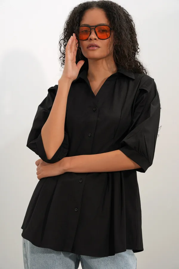 Women's Long Waist-Fitting Shirt 20383 - Black