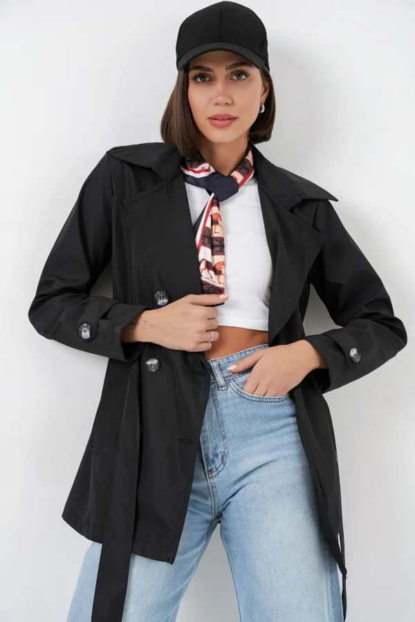 Women's Belted Short Trench Coat 5982 - Black Women's Belted Short Trench Coat 5982 - Black