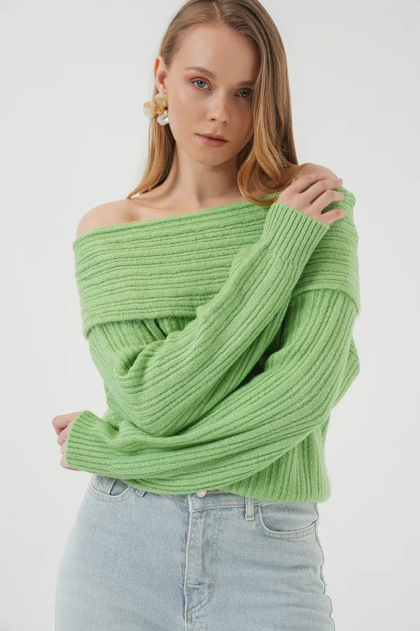Pull oversize en maille à épaules dénudées pour femme (réf. 15908) - Vert foncé