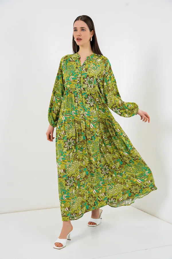 Kadın Desenli Uzun Tesettür Elbise 2585 - G.Yeşil