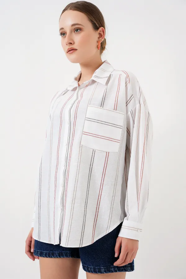 Kadın Çizgili Oversize Gömlek 20278 - B.Beyaz