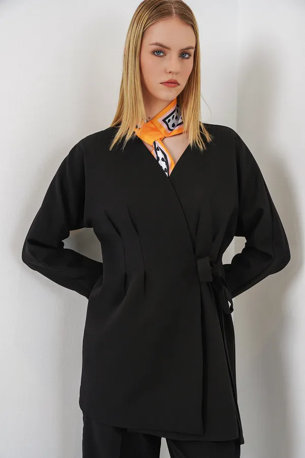 Kadın Yandan Bağlamalı Ceket Pantolon İkili Takım 30099 - Siyah