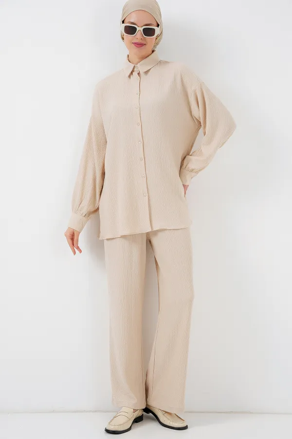 Kadın Örme Tesettür Alt Üst Takım 6711 - Krem