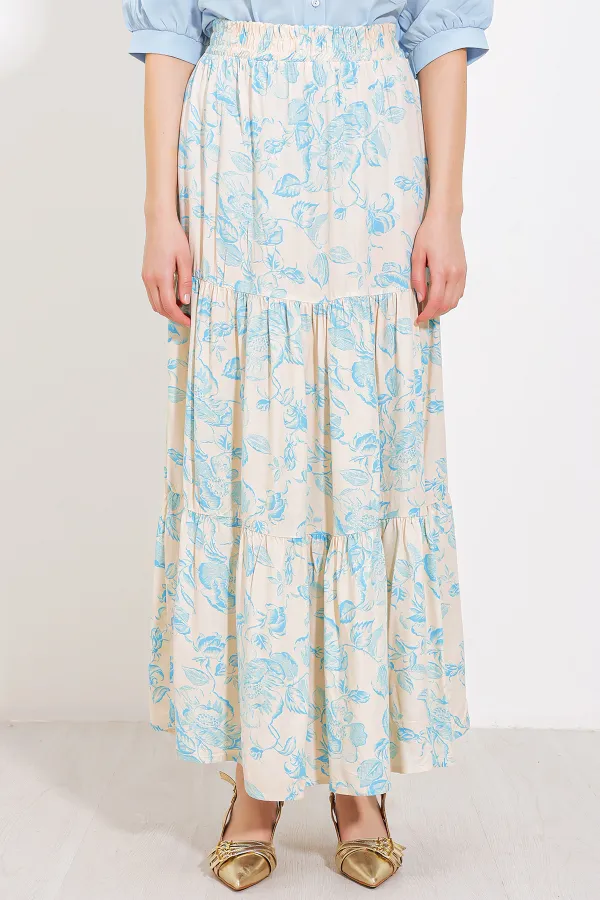 Kadın Krem Mavi Desenli Uzun Viskon Etek 1898