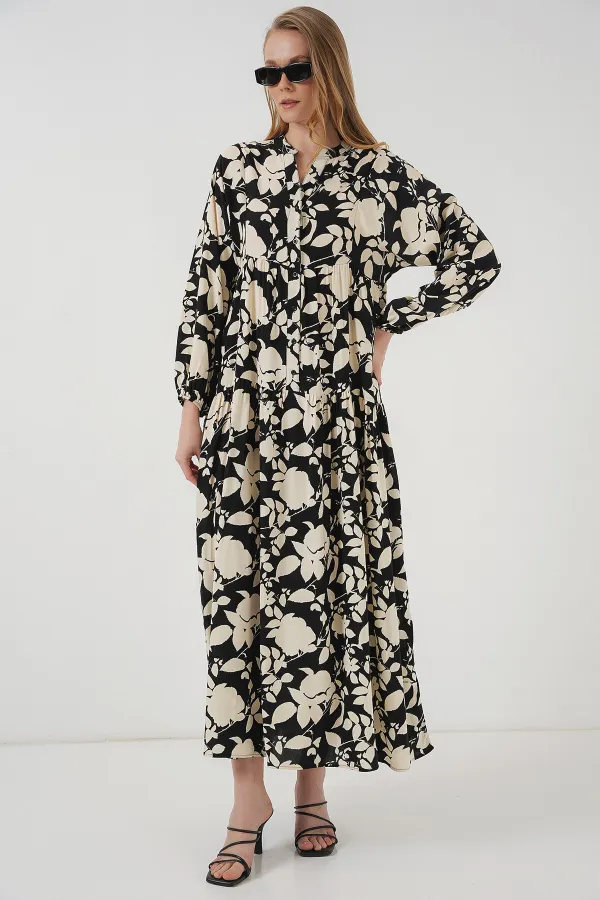 Robe hijab à motifs authentiques 2423 - Noir - Blanc1