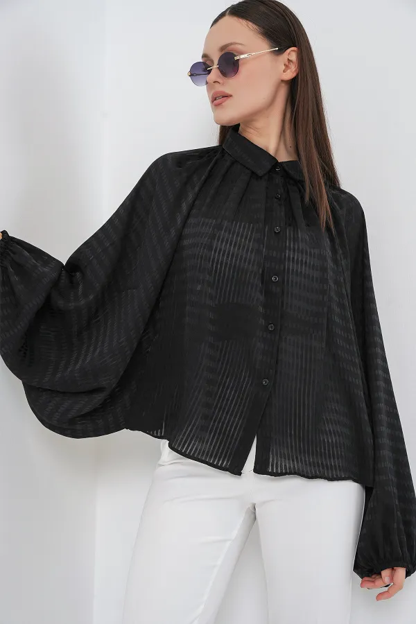Women's Batwing Sleeve Oversize Shirt 20368 - Black Women's Batwing Sleeve Oversize Shirt 20368 - Black