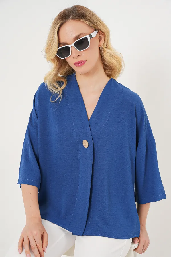 Kadın Kısa Kol Oversize Kimono 5969 - İndigo