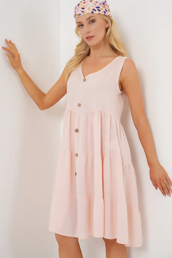 Women's Zero Sleeve Button Short Dress 2571 - Powder