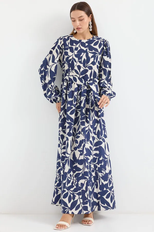 2513 Balloon Sleeve Hijab Dress - Navy Blue