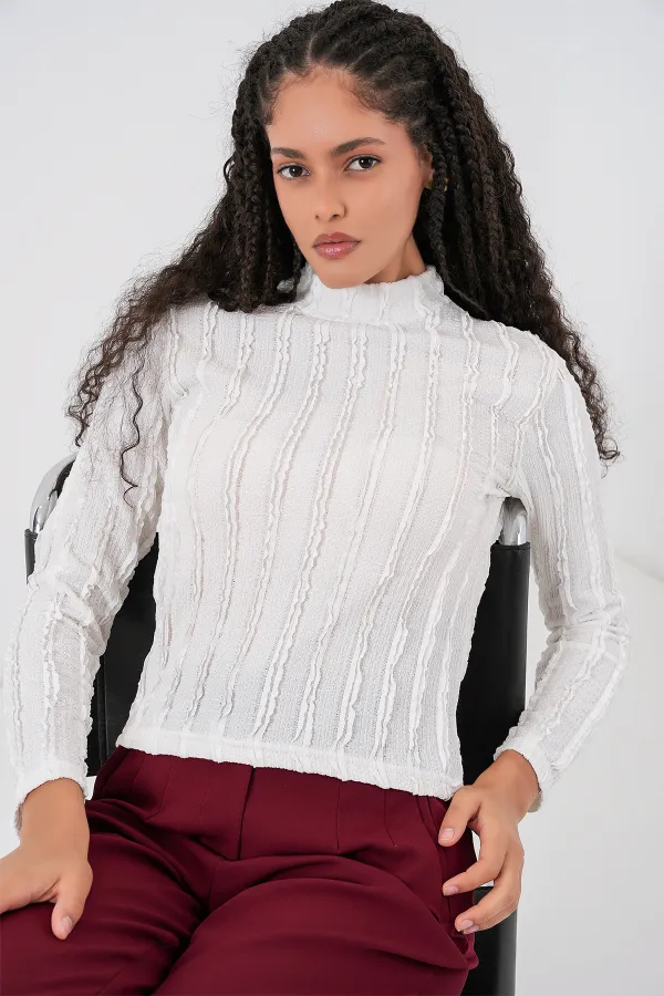 Kadın Dokulu Esnek Örme Bluz 975 - Beyaz